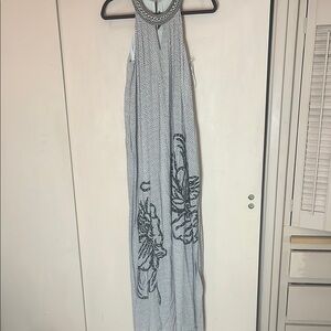 Ranna Gill Elegant Black and Cream Maxi Dress w/ embroidered large floral SZ XS